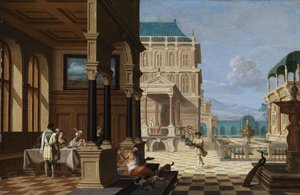 Paleis Binnenplaats met Loggia en Figuren door Nicolaes de Giselaer